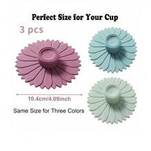 3件套向日葵硅胶杯盖，多功能硅胶杯套，适用于茶杯和咖啡杯，色彩鲜艳，柔韧性好，可用作热饮盖、马克杯盖，带吸盘密封盖和手柄，可重复使用，用途广泛，防漏防尘 - 彩色 - 查看 5