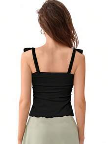 Women's Tie Shoulder Camisole Sleeveless Jacquard Mini Bow Slim Fit Summer Tank Tops - Negro - Ver 4