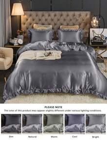 2/3pcs Luxury Satin Ruffle Duvet Cover Set, Includes 1pc Duvet Cover And 1/2pcs Pillow Shams, Luxurious Silk-Like Material, Soft & Breathable, Fits Twin, Full, Queen, King Beds, Machine Washable, Oeko-Tex Certified - Dark Grey - View 9