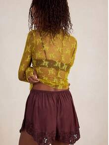 Women's Sheer Lace Mesh Top, Fashionable Slim Fit Long Sleeve Faux Collar Floral Blouse, Casual Outing T-Shirt - 芥末 - 查看 2