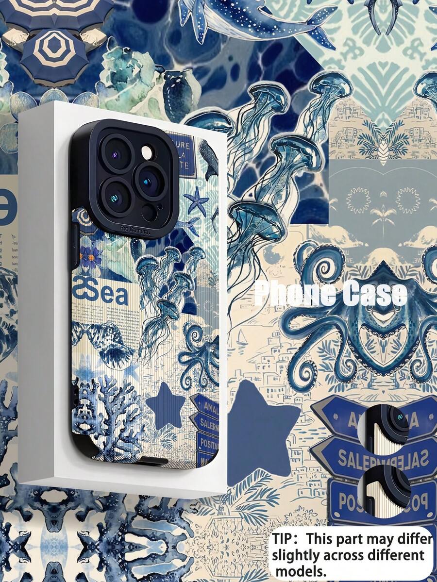 1个鲸鲨蓝色拼接图案仿皮纹理经典防摔软手机壳，兼容苹果16/16 Plus/16 Pro/16 Pro Max - 彩色 - 查看 1