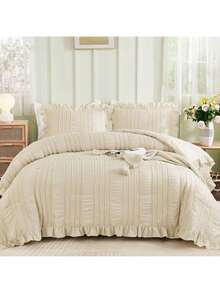 3 Pieces Beige Textured Comforter Set Queen King,Ruffle Farmhouse Shabby Chic Comforter For Queen Bed,Soft Seersucker Boho Bedding Set With 1 Ruffle Comforter,2 Tufted Pillowcases Valentine Decor Room Decor - Beige Ruffle 01 - 查看 12