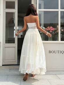 EARO Chic Chân váy xếp tầng nhiều lớp màu trắng phong cách Bohemian mùa hè dành cho nữ, cạp cao với dây ren, kiểu dáng thướt tha và tôn dáng. - Màu be - Xem 2