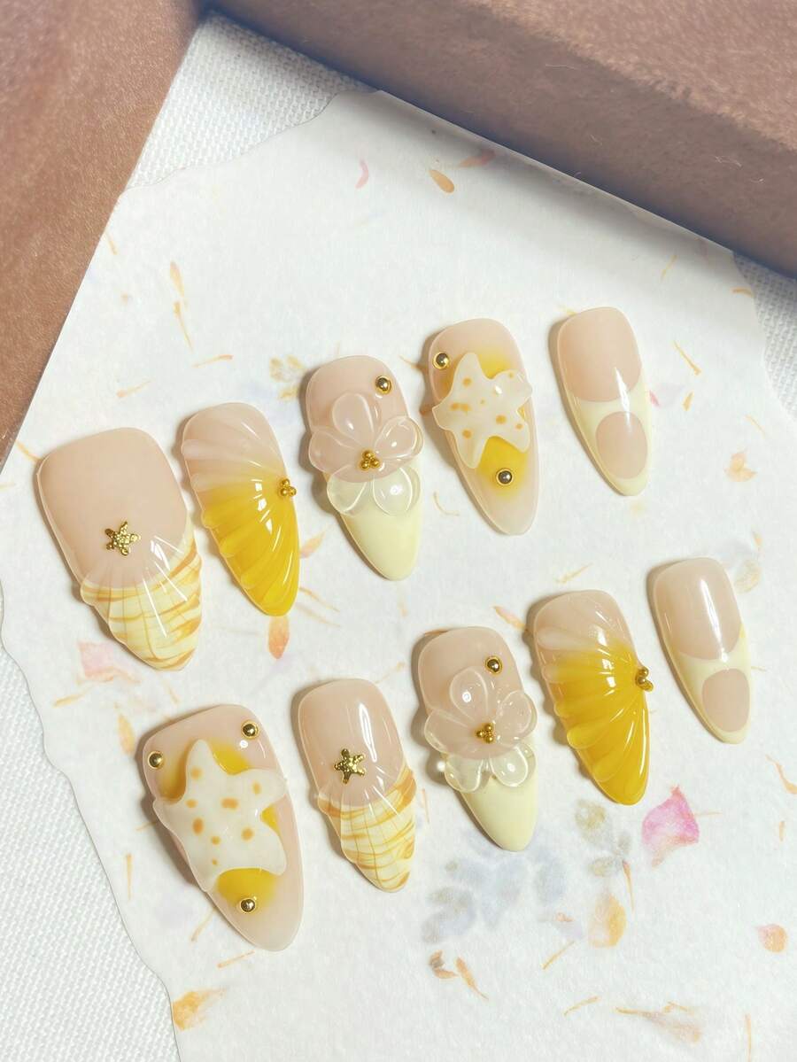 10 件手工压制美甲贴片，黄色美甲贴片，杏仁形美甲贴片，3D 美甲贴片，椭圆形美甲贴片，Y2K 风格，立体手工花朵装饰，法式风格，立体海星装饰，可爱简约风格，高端品质，可重复使用，适合日常佩戴、约会、节日，也可作为礼物赠送。美甲用品 - 黃色 - 查看 1