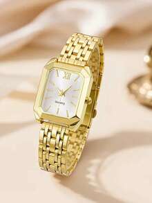 奢华时尚青少年腕表手链套装，金色表带，优雅表盘设计，石英腕表搭配金色心形装饰手链，方形表壳，情侣腕表，送给她的最佳生日礼物，适合日常佩戴、派对、返校季、情人节等场合。 - 金色 - 查看 4