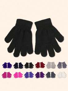 1 Pair Solid Color Kids Five Finger Knitted Gloves, Outdoor Winter Warm Casual Unisex - Children's Knitted Gloves - View 1