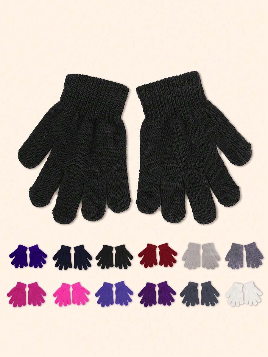 1 Pair Solid Color Kids Five Finger Knitted Gloves, Outdoor Winter Warm Casual Unisex - Children's Knitted Gloves - View 1