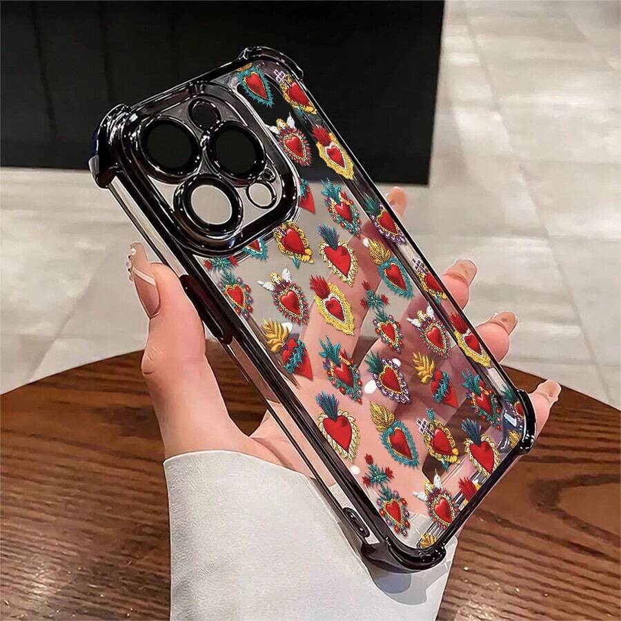 1pcs Sacred Heart Pattern Phone Case Compatible with Apple Phone17 16 15 14 13 12 11 ProMax Silicone Antidrop Phone Case Vintage Girlish Style Cute Fashion Can Be Given To A Lover Can Be Given To Friends - Negro - Ver 1