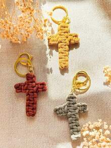 1Pc Handmade Macrame Cross Keychain Bohemian Christian Jesus Key Ring Bag Charm Car Accessory For Women Men Couple Holiday Birthday Gift - 彩色 - 查看 2