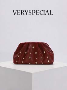 1pc High-End European Punk Style Heavily Embellished Metal Stud Ruched Cloud Clutch Bag, Fashion Women's Handbag With Chain Strap Suitable For Daily Commute And Formal Occasions - Multicolor - View 11