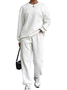 Women's Loose Textured Pullover & Jogger Pants Set - Long Sleeve Crewneck Activewear, Stylish Sportswear For Gym & Casual Wear - trắng - Xem 3