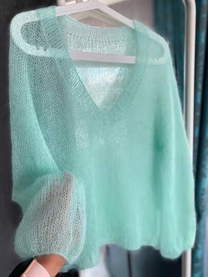 Mint Blue Lace Knit Sweater For Women French Vintage Puff Sleeve V-Neck Blouse For Women Elegant Spring Vacation Casual Style Jacket