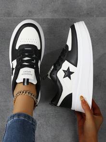 Fashion Casual Women's Flat Platform Shoes Classic Stylish Women's Lace-Up Athletic Skateboard Sneakers Women's Casual Thick Sole Sneakers - Black - View 3