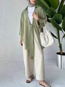 Elegant Women's Dignified Long Knotted Detail Blouse, Woven Fabric, Shirt Collar, Bracelet Sleeves, Suitable For Daily Wear - Green - View 2