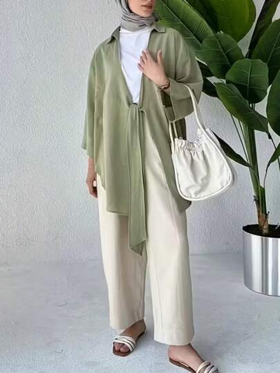 Elegant Women's Dignified Long Knotted Detail Blouse, Woven Fabric, Shirt Collar, Bracelet Sleeves, Suitable For Daily Wear