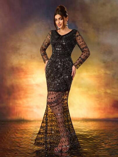 Đầm dáng đuôi cá màu trơn thanh lịch, gợi cảm, xuyên thấu đính sequin, thích hợp cho tiệc bãi biển.