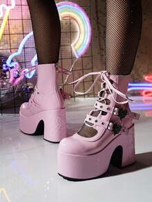 2026 New Sexy Sweet Patent Leather Platform Chunky Heel Shoes, Heart & Spider Web Lace-Up Hollow-Out Ankle Boots - Pink - View 4