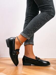 Women's Loafers, Round Toe Metal Buckle Flat Loafers, Outdoor Retro Slip-On Shoes, Black, Casual Shoes - Black - View 3