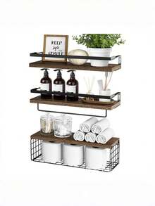 Set de 3 estantes flotantes de madera para dormitorio y baño, almacenamiento, organización, estantería multifuncional, estantería para libros, soporte para plantas, estantería para artículos de baño y cocina, colocación versátil - Multicolor - Ver 10