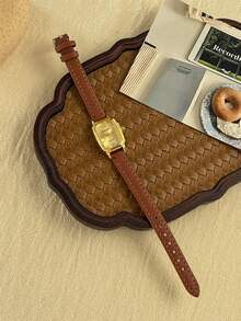 1pc Square Leather Women's Quartz Watch Exquisite And Fashionable Suitable For Daily Matching Birthday/Graduation Gifts Party - Brown - View 6