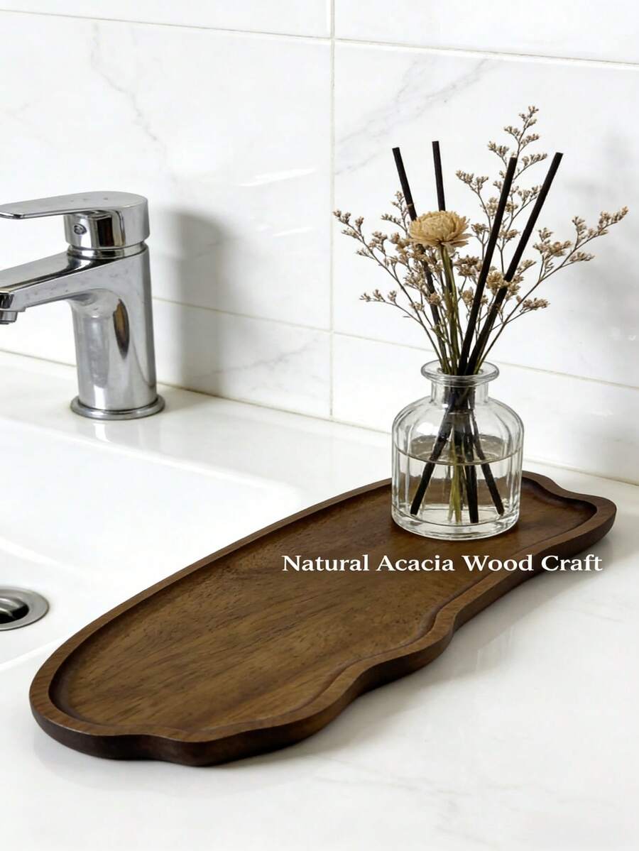 时尚风格装饰木托盘，多功能装饰木托盘，化妆品口红香水收纳托盘，创意木托盘，储物木托盘，储物托盘，浴室配件，适用于客厅、家庭、餐桌、酒店装饰木托盘，天然木托盘，礼品木托盘。 - 棕色 - 查看 1