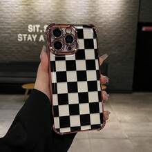 Black Checkered Pattern Four-Corner Drop-Proof TPU Phone Case For IPhone 16 15 14 Pro Max 13 12 11 X/XS Plus Shockproof Full Camera Protection Durable Slim Silicone Case Mobile Phone Case,Suitable For IPhone17 Air - 銀色 - 查看 4
