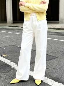 Simple And Casual Basic Women's Denim Straight-Through Trousers, Elastic Slim Loose Four-Season Wild Jeans, Boyfriend Style Mid-Waist Light Blue Jeans - 白色 - 查看 3
