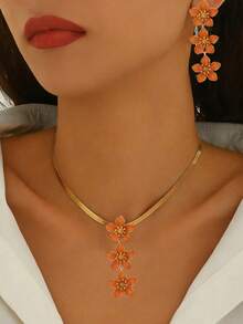 2件套 新款创意简约花卉水滴油时尚优雅日常百搭长款耳环项链套装