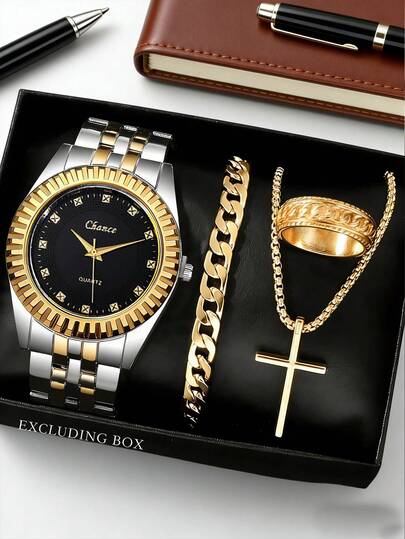 4PCS Luxury Light Gold And Silver Accent Men's Watch Set, Including A Gold And Silver Two-Tone Dial Quartz Watch, A Gold Long Chain Bracelet, A Cross Gold Chain Necklace, And A Carved Gold Ring. Featuring Contrasting Textures And Exquisite Carved Designs, This Set Exudes A Stylish And Sophisticated Charm. Suitable For Various Occasions Such As Christmas Parties, New Year Commute, Workplace Outfits