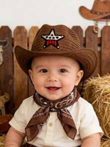 Nouveau set de chapeau et écharpe pour bébé thème western - Chapeau + bandana imprimé, tenue de bébé style western, convient pour séance photo de style INS, célébration des 100 jours, port quotidien, accessoires photo pour nouveau-né - Multicolore - Voir 6