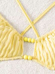 Set de costume de baie din material jacquard, culoare solidă, drăguț, casual, fără spate, cu legături în spate, potrivit pentru vacanță, plajă, toate anotimpurile - Galben - Vizualizare 5