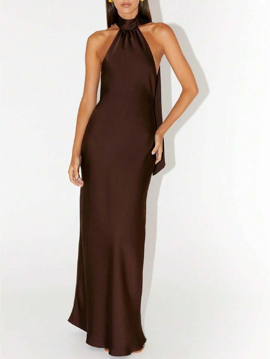 Women Scarf Maxi Dress Silk Halter Neck Tie Up Backless Bodycon Dress Cowl Back Draped Party Wedding Guest Cocktail Dresses With Neck Scarf - 棕色 - 查看 1