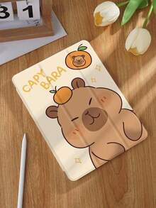 Cute Mink Leather TPU Shockproof Tablet Protective Case With Pencil Slot, Cartoon Teddy Bear Design, Full Coverage Soft Shell For IPad