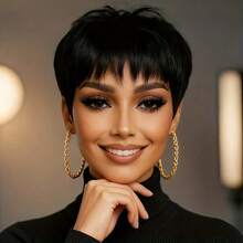 女士巴西 Remy 真人发假发 | 5 英寸自然短直发精灵头带刘海 - 180% 密度，无胶玫瑰网帽，无需维护，瞬间蓬松自然，敏感头皮友好，日常佩戴短发替代品。 - Natural Black - 查看 5