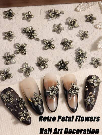 Retro Petal Nail Art Decor, Flat Flower Crystal 3D Charm Nail Jewelry DIY Accessories