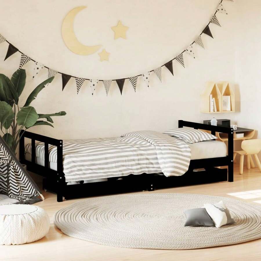 Larryhot Giroletto per Bambini con Cassetti Nero 90x190 cm Massello Pino, Facile da montare, strutturalmente stabile e fiable, design adorabile e versatile, la scelta ideale per decorare e aggiungere comfort alla camera da letto di un bambino