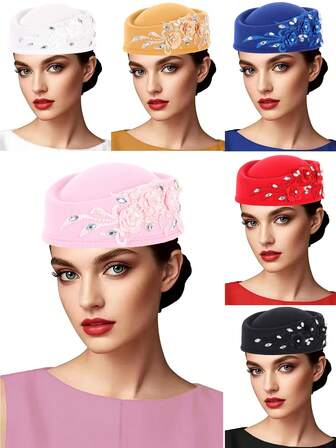 1ชิ้น หมวกสักหลาดสตรี, หมวกดาร์บี้, หมวกโบสถ์ประดับดอกไม้, หมวกปาร์ตี้น้ำชาสตรีหรูหรา, หมวกเบเร่ต์วินเทจประดับพลอยเทียม, หมวกสักหลาดนุ่มแฟชั่น, เหมาะสำหรับเครื่องแต่งกาย, งานแต่งงาน, ของขวัญสตรี