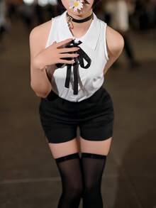 1件套Reisauce角色扮演服装，白色无袖衬衫，黑色短裤，带项圈，学生JK制服套装，动漫服装，舞台表演服装 - 白黑色 - 查看 15