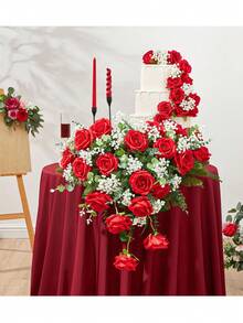 1/20支人造红玫瑰花束，仿真玫瑰，适合作为情人节礼物、婚礼派对礼物、家居装饰礼物、生日礼物、室内/室外装饰礼物、花瓶填充物、女士礼物、客厅装饰礼物、家居饰品、人造花 - 大紅色 - 查看 8