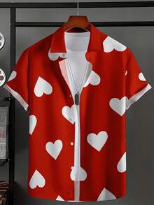 Áo sơ mi nam tay ngắn ngày Valentine, áo sơ mi cổ bẻ in hình trái tim, áo sơ mi tay ngắn cài nút, áo sơ mi nam mùa hè thoải mái, thích hợp mặc hàng ngày và đi nghỉ dưỡng. - Đỏ và trắng - Xem 9