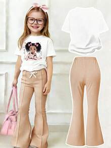 少女卡通人物印花短袖T恤和前开衩喇叭裤套装，适合春、夏、秋季日常休闲穿着。 - 白色 - 查看 2