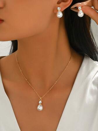 1 Adet Klasik Zarif Damla Şeklinde Yapay İnci Kolye ve Küpe Seti, Kadınlar İçin Tatiller, Partiler, Düğünler, Günlük Kullanım, Anneler Günü Hediyesi Olarak Uygundur