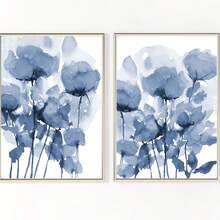 2幅装，蓝色花卉艺术印刷品，蓝色花朵帆布海报，艺术装饰，经典与现代风格，适用于家居、办公室、客厅的墙面艺术，无框 - 彩色 - 查看 3