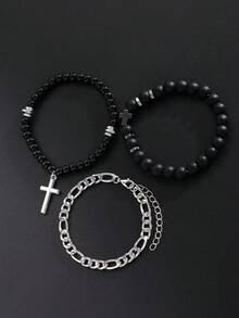 3pcs Simple Fashion Punk Style Cross & Volcanic Stone Beaded Bracelet Set, Suitable For Men, Couples, Vacation, Date, Daily, Party, Wedding, Gift For Dad, Boyfriend, Valentine's Day - Multicolor - View 3