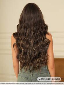 7JHH WIGS Dark Brown Mix Blonde Highlights Wig Long Loose Wavy Wig Middle Part With Curtain Bangs Natural Looking Synthetic Heat Resistant Fiber Hair Wigs For Women Daily Party Rave Use 26 Inch - Làm nổi bật tóc vàng - Xem 3