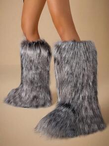 Faux Fur Winter Boots For Women Knee High Fluffy Long Fuzzy Flat Heel Boots For Girls Outdoor Tall Furry Shoes Warm Thigh High For Halloween Christmas Party - Màu xám đen - Xem 5