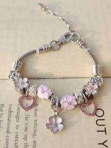 1pc Y2K Pink Cherry Blossom Charm Bracelet, Cute Floral Bracelet, New Year 2025 Party Gift, Friends Memorial Gift - Gold - View 7