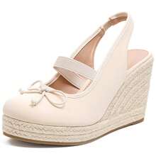 Lotgnimry Women's Wedge Heel Canvas Sandals With Closed-Toe Design, Elastic Ankle Strap & Bow Accent, Summer Casual Dress Shoes For Comfortable Outdoor Wear - 杏色 - 查看 1