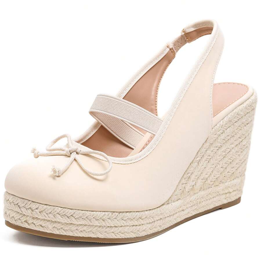 Lotgnimry Women's Wedge Heel Canvas Sandals With Closed-Toe Design, Elastic Ankle Strap & Bow Accent, Summer Casual Dress Shoes For Comfortable Outdoor Wear - 杏色 - 查看 1