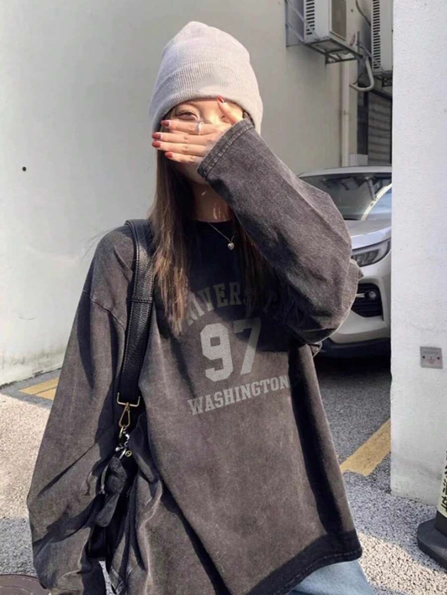 Women's Casual Vintage Washed Letter Print Round Neck Long Sleeve Loose Relaxed Pullover T-Shirt, Versatile For Spring And Autumn - Black - View 1